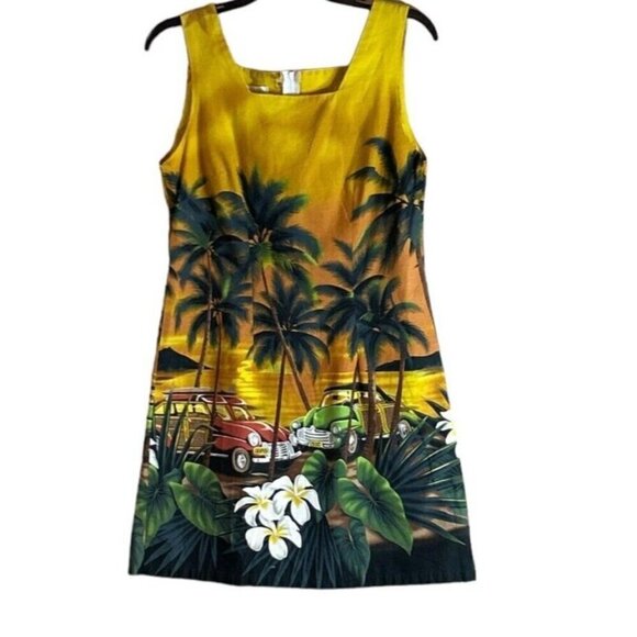 VTG Shannon Marie Hawaiian Dress Vintage Car Aloha Palm Tree Tropical Plumeria M - Picture 1 of 6